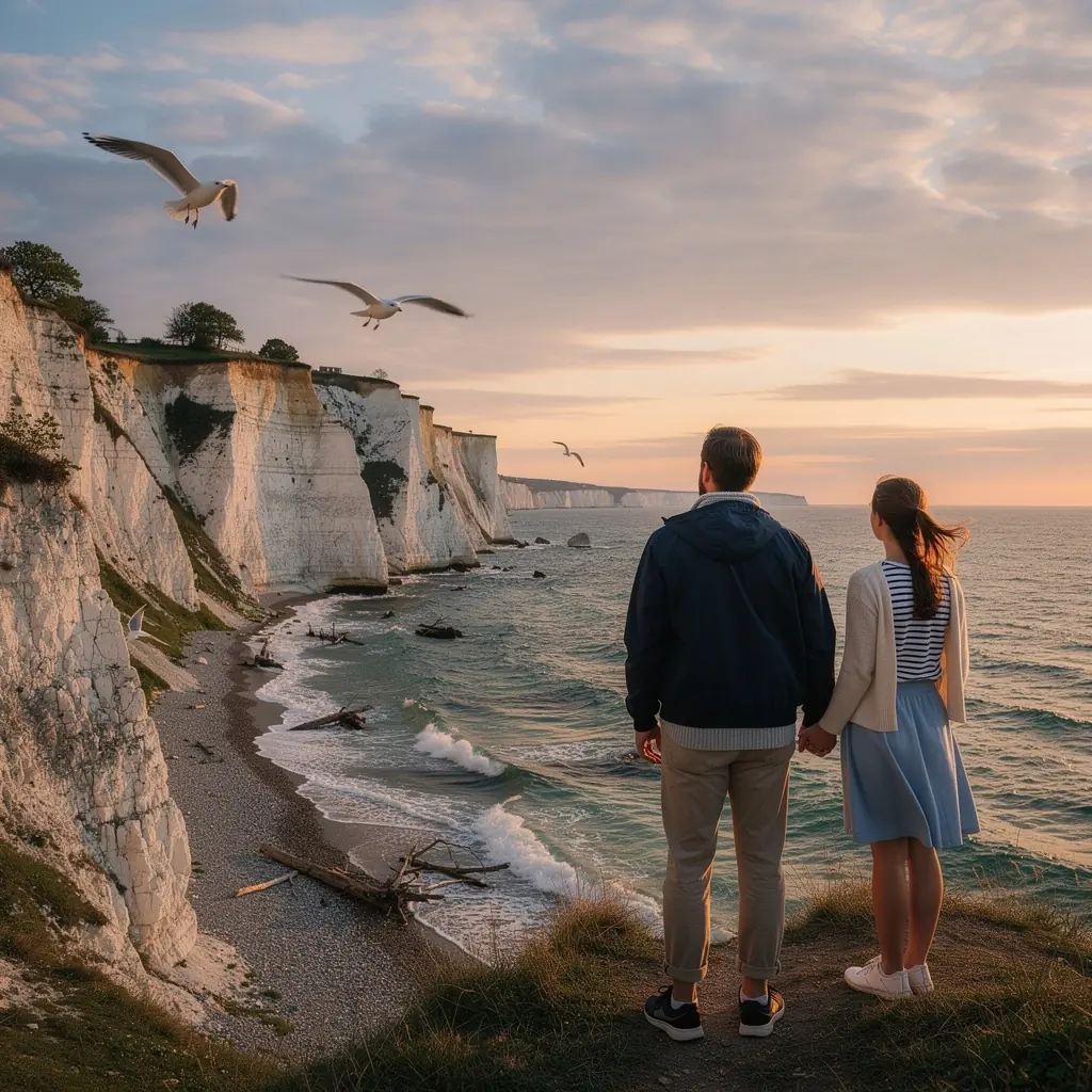 Familie beim Picknick an einem idyllischen Küstenabschnitt mit sanften Wellen.